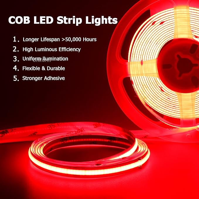 TOPAI 12V COB LED Strip Lights Red 16.4ft Dotless Outdoor IP65 Waterproof | High Density 480LEDs/M, Uniform Lighting, Cuttable, Flexible, Self Adhesive Easy Install for Living Room, Balcony