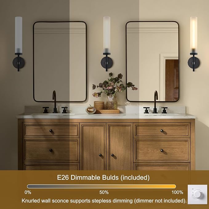 Modern Hardwired Frosted Glass Bathroom Black Wall Sconce, Handmade Knurled Wall Light Fixture,Vanity Light for Living Room,Hallway, Bedroom, 20" Indoor Wall Lamp, Bulb Included