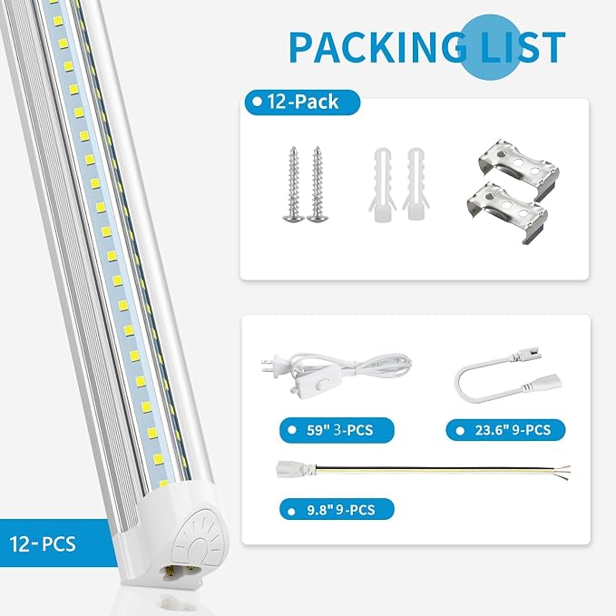 SHOPLED (12-Pack) 4FT LED Shop Light, 45W 6300LM 6000K Cool White, V-Shape | Linkable T8 LED Tube Lights Fixtures, 4 Foot Shop Lights for Workbench Garage Workshop Warehouse, Plug and Play, ETL Listed