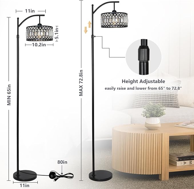 Crystal Floor Lamps for Living Room, Modern Arc Floor Lamp, Black Standing Lamp with Edison Bulb, Height Adjustable Tall Lamp for Bedroom, Corner Stand Up Lamp for Office, Arched Reading Light
