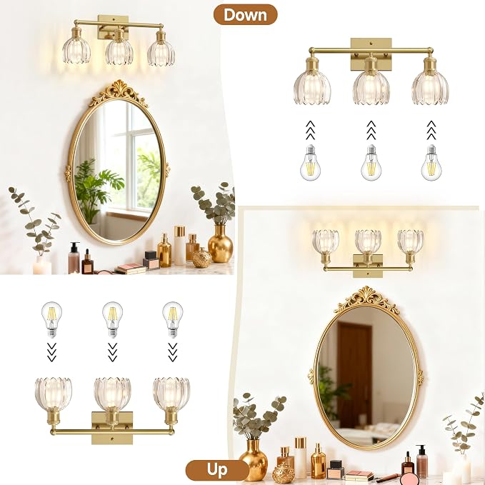 Antique Brass Bathroom Light Fixtures Over Mirror,3-Light Bathroom Vanity Lights Over Mirror,Brass Wall Lights with Clear Glass Tulip Light Shade for Bedroom,Living Room,Hallway,E26 Base