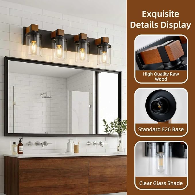 4-Light Farmhouse Bathroom Light Fixtures, Wood Matte Black Vanity Lights Over Mirror with Clear Glass Shades, Rustic Bathroom Lighting Wall Mounted Lamps for Living Room, Cabinet, Porch