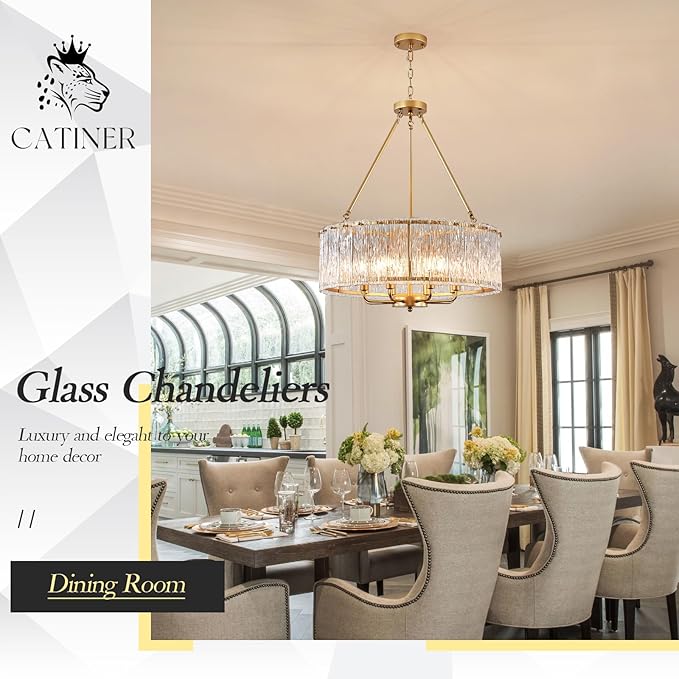Gold Drum Chandelier 24.4" Modern Crystal Glass Chandeliers Luxury 8-Light Pendant Ceiling Chandelier Lighting for Dining Room Foyer Living Room Bedroom