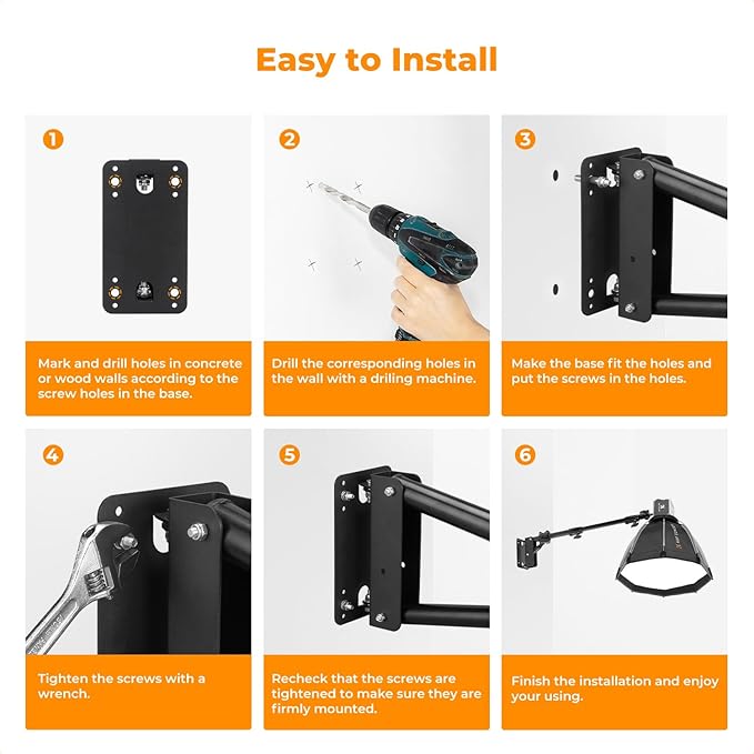 K&F CONCEPT Wall Mount Boom Arm 51"- Rotating Triangle Stand for Ring Light, Softbox, Reflector - Support 180°Flexible Rotation, 33-51in Adjustable Length, 20lbs Heavy Duty with 1/4''&3/8'' Mount