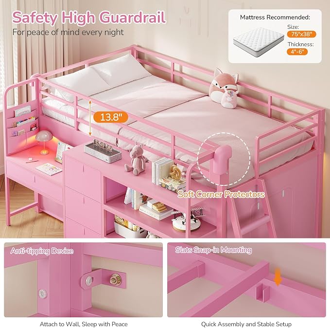 Low Loft Bed Twin Size with Desk, 6 Storage Drawers & Bookshelf, Kids Loft Bed with LED Lights & Under-Bed Play Space, Heavy Duty Metal Bed Frame with 13.8"H Safety Guardrail & Ladder, Pink