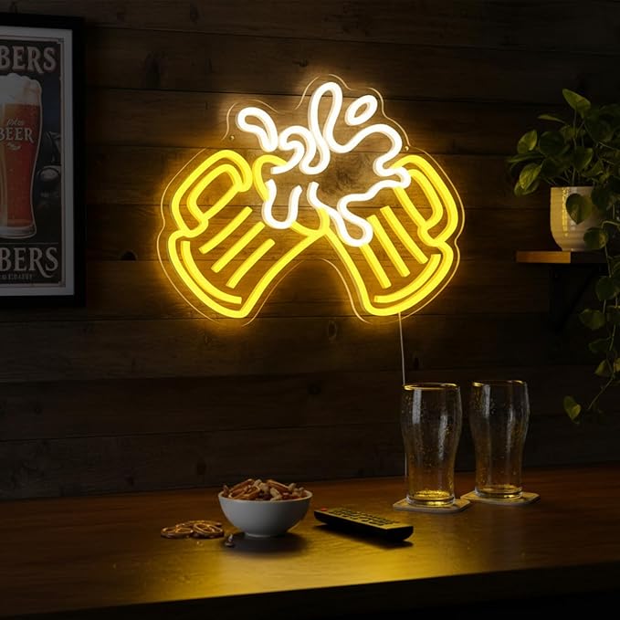 Cheers Beer Neon Sign for Home Bar Pub Man Cave Wall Decor USB Powered | Dimmable Neon Bar Sign with Clinking Beer Mugs Foamy Splash Design for Bar Counter Tavern Brewery Lounge Garage Party Decor