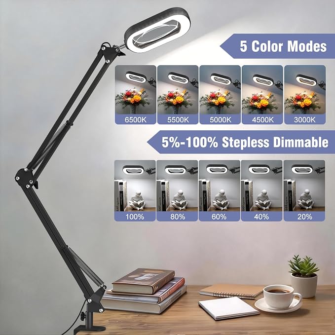 16" Extra Long Magnifying Glass with Light and Clamp, Real Glass, 5 Color Modes, Stepless Dimmable, Lighted Magnifier with Stand Hands Free, LED Swing Arm Desk Lamp for Close Work, Craft, Black