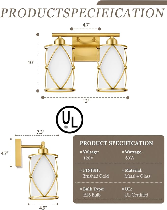 2-Light Brushed Gold Bathroom Light Fixtures with Milk Frosted Glass, 13.8" Modern Bathroom Vanity Lighting Fixtures Over Mirror with Metal Cage, Wall Sconce Lights for Bath, E26, CH9176BGW-2W