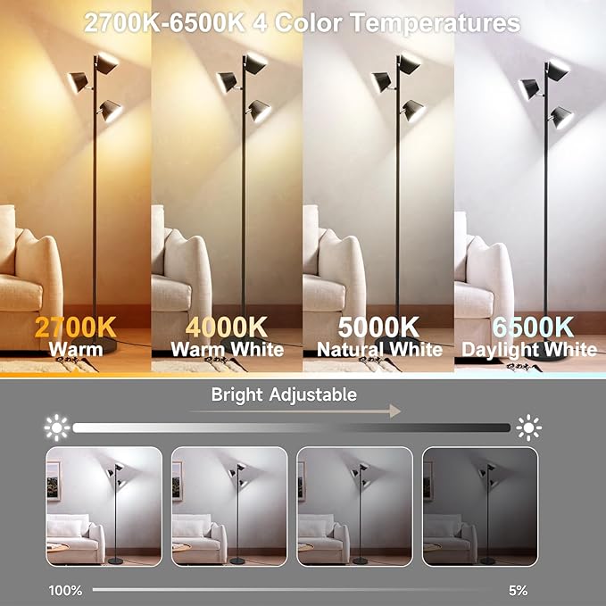 LED Tree Floor Lamp, 42W 4500lm Dimmable Standing Lamp with Remote & Touch Control, Modern Super Bright 3 Rotatable LED Light Floor Lamps for Living Room, Bedroom, Office, Reading Room