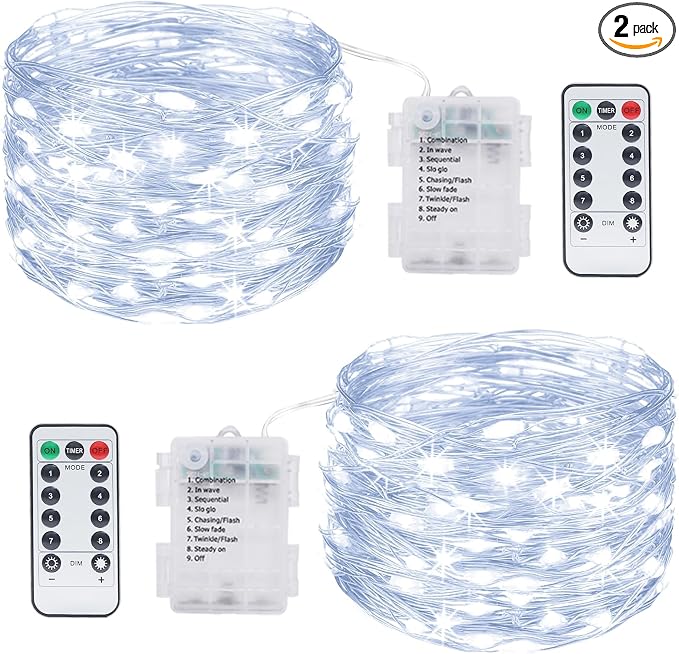 2 Pack Fairy Lights Battery Operated with Remote, Each 39Ft 120LED Battery Powered String Lights with Timer, 8 Modes Waterproof Twinkle Christmas Lights for Bedroom Party Indoor Mason, Cool White