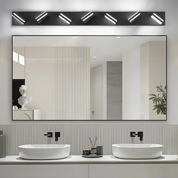 IZORRO LED Modern Bathroom Lights Fixtures(7-Light,Dimmable),Matte Black Acrylic Wall Lighting,Vanity Lights for Bathroom Over Mirror - 6000k 40In （No Assembly Required）
