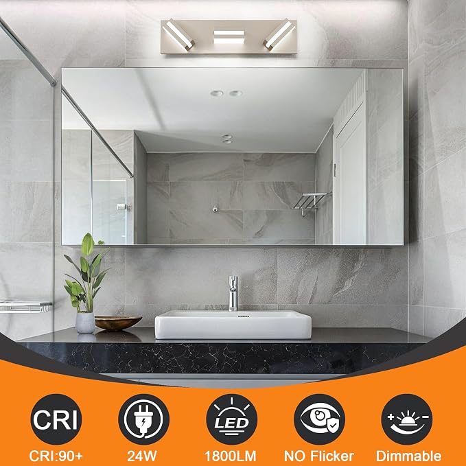 Bathroom Lights Fixtures Over Mirror, 360°Rotate Modern LED Vanity Lights for Bathroom, Dimmable & High CRI Acrylic Wall Lighting, No Assembly Required (Brushed Nickel, 3-Light, 16 Inch)