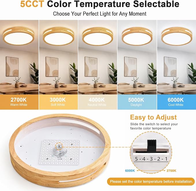 Pevfah Modern Wood Flush Mount Ceiling Light, Round Dimmable Close to Ceiling Lighting Fixtures, Minimalist LED Ceiling Lamp for Bedroom, Kitchen, Hallway, Laundry Room, 2700K-6000K 5CCT, 15.74in