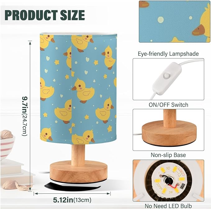 Hand Draw Yellow Duck and Hearts Stars Table Lamp for Bedroom USB Port Lamps Small Accent Table Lamp Nightstand Lamp Sturdy Linen Shade Wooden Base Decorative Lamps for Bedside Reading|Kids|Dorm|Home