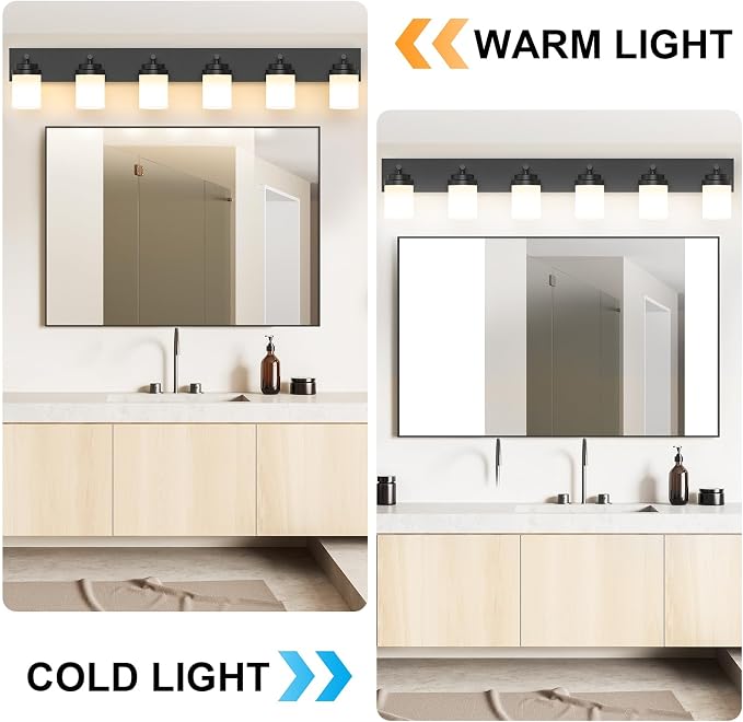 IZORRO Bathroom Vanity Light Fixture, 6-Light 46 Inch Matte Black Bathroom Light Fixtures Over Mirror, with White Glass Shade, Modern Farmhouse Vanity Lights, Rustic Restroom Lighting Fixtures