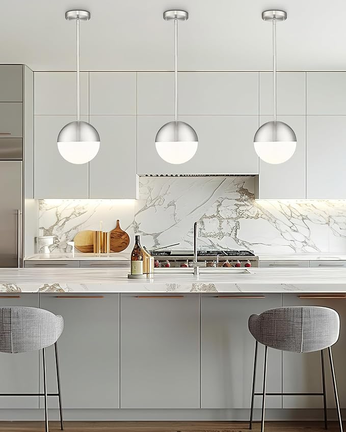 2 Pack Modern Pendant Lights, Mid Century Brushed Nickel Kitchen Lighting with White Globe Glass Shade, Adjustable Hanging Light Fixtures Ceiling Light for Home Office Dining Room, LMS-186BN2PK