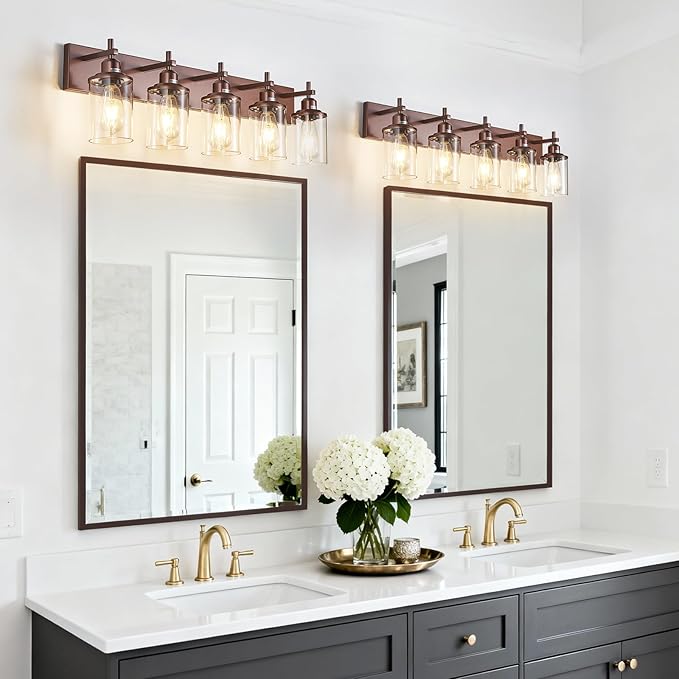 5-Light Bronze Bathroom Light Fixtures Over Mirror,Modern Bathroom Vanity Light with Clear Glass Shade, Wall Sconce for Bathroom Hallway Cabinet Bedroom Kitchen Living Room Foyer E26 Base