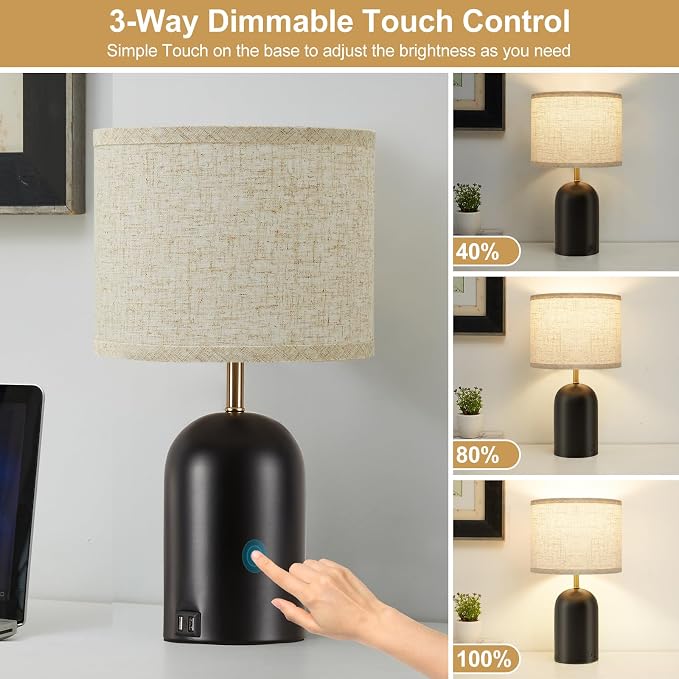 Bedside Lamps with USB C+A Charging Ports, Table Lamp Touch Control Dimmable Modern Lamp for Bedroom Lamps for Night Stands with Fabric Shade for Living Room Office Dorm (LED Bulbs Included)