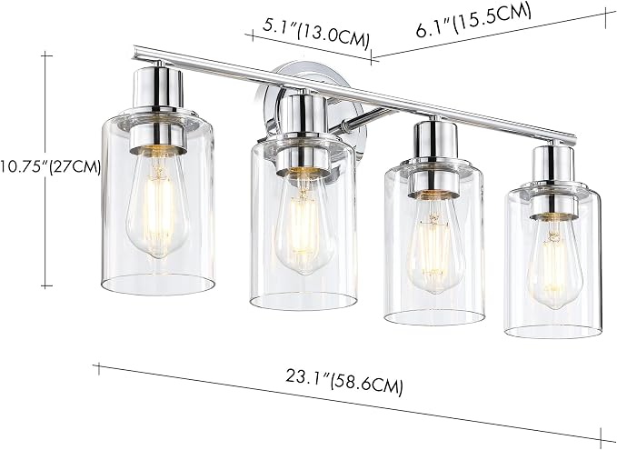 4-Light Chrome Bathroom Light Fixture Over Mirror,4-Light Chrome Vanity Lights for Bathroom 4 Bulb Wall Light Over Sink Cabinet