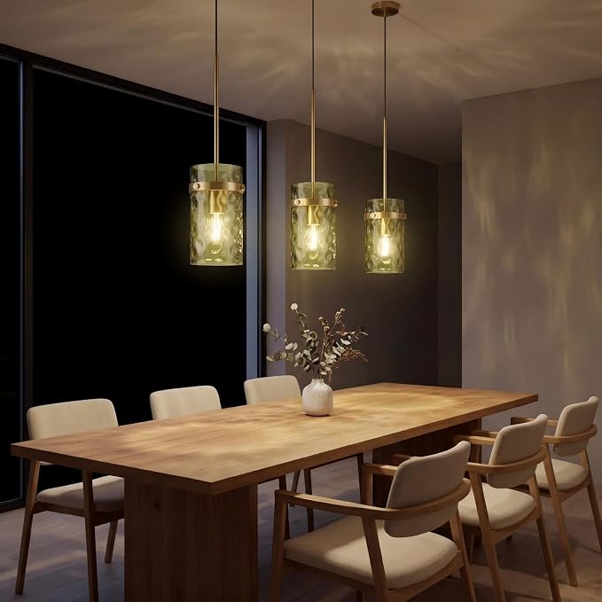 Modern Olive Green Wavy Glass Pendant Light 2 Pack - Adjustable E26 Hanging Lamp for Kitchen Island & Dining Room