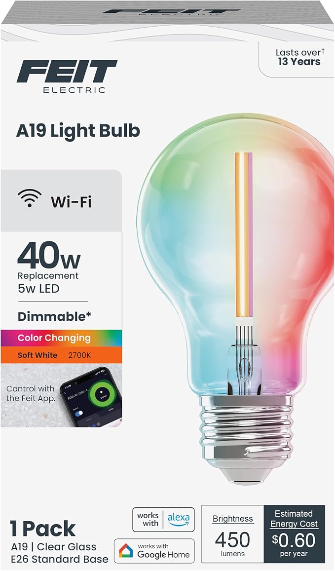 Feit Electric A19 LED Smart LED Light Bulb, 40W Eq, RGB Color Changing | Dimmable, Straight Filament, 2.4GHz Wi-Fi, App/Voice Control, Works with Alexa/Google Asst, Ideal for Decorative Fixtures