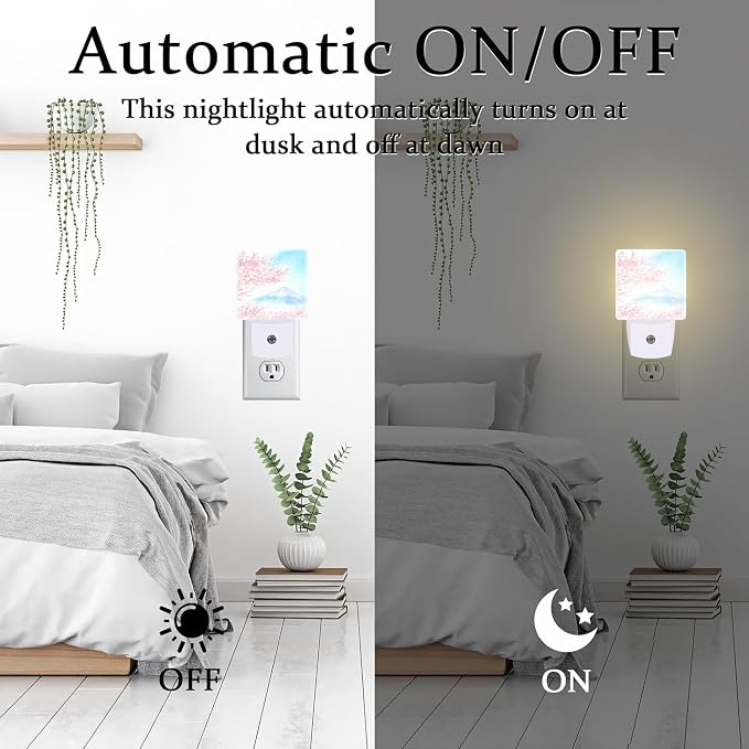 Cherry Blossoms with Mountain Fuji Night Light Plug into Wall, Watercolor Pink Flowers Dusk to Dawn Night Light,0.5w Energy Saving Sleep Friendly Nightlights for Kids Boys Girls Home