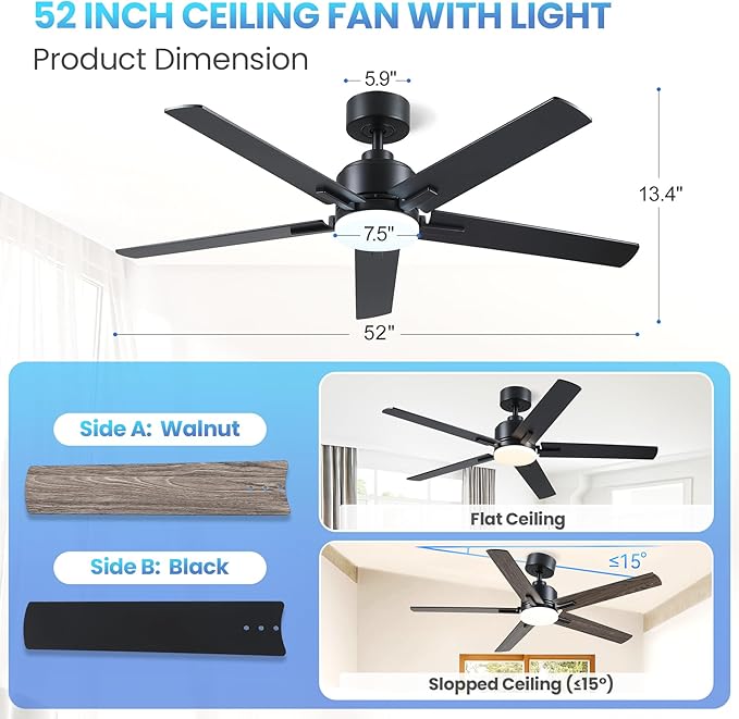 52 Inch Black Ceiling fan with Lights, Ceiling Fan with Lights and Remote/APP Control, Reversible, Dimmable, 3CCT, Quite Fan for Living Room, Bedroom, Indoor Outdoor Use