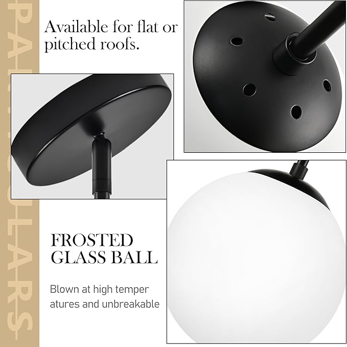 10" Globe Pendant Light Black 2 Pack Mid Century Pendant Light Globe Pendant Lights Kitchen Island Matte Black Finished with Milk Glass Adjustable Ceiling Light Fixtures for Dining Room Bar