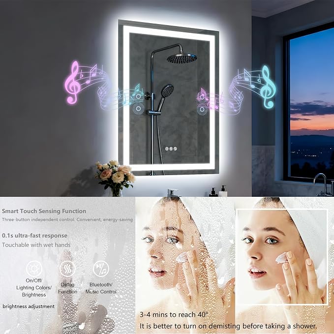 24"x32" LED Bathroom Mirror with Lights,Bluetooth Dual Speaker | Anti-Fog,3 Color Temperature,Dimmable Brightness,Memory Function,Waterproof,Wall Mount Design,Tempered Glass