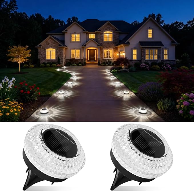 Solar Ground Lights Outdoor, 2 Pack Solar Powered Pathway Lights IP67 Waterproof Anti Glare Diamond Solar Garden Lights Landscape Lighting for Patio Yard Deck Walkway, Cold White