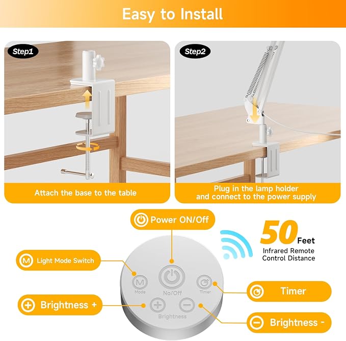 Led Desk Lamp for Home Office - 2400LM Ultra Bright Desk Light -Eye Caring Desk Lamp with Clamp - Adjustable Office Lamp with Remote Control- Easy Installation - 24W White