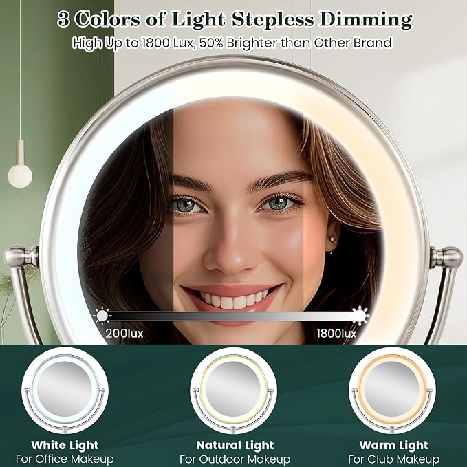 11.8" Extra Large 17" Tall Lighted Makeup Mirror, 1X/5X/10X 3-Sided Magnifying Mirror with 96 LEDs, 3 Color Dimmable Lights, 360° Swivel Dual Power Vanity Mirror, Nickel Finish Luxury Gift Box