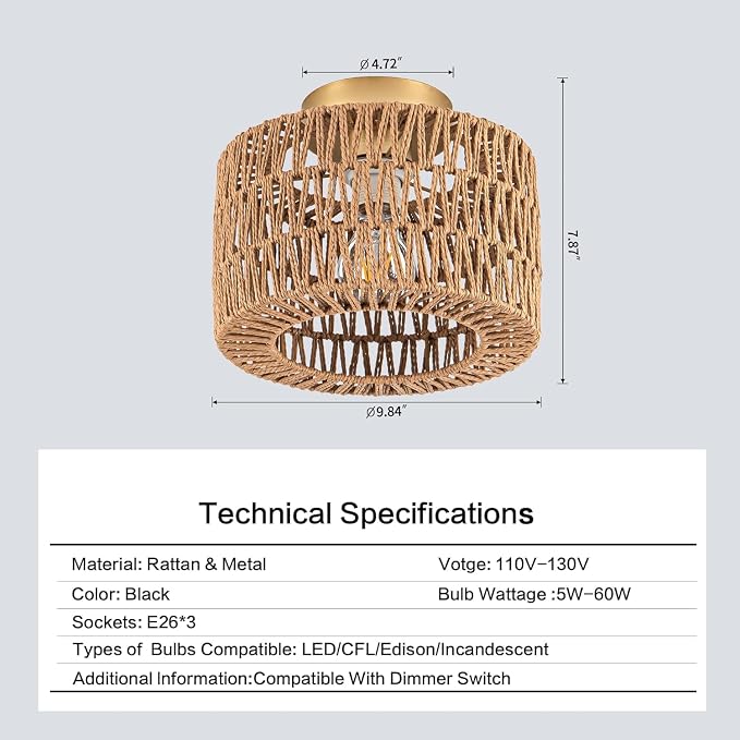 Rattan Ceiling Light, Gold Semi Flush Mount Ceiling Light, Boho Light Fixture for Bedroom Entryway Hallway, 1 Light