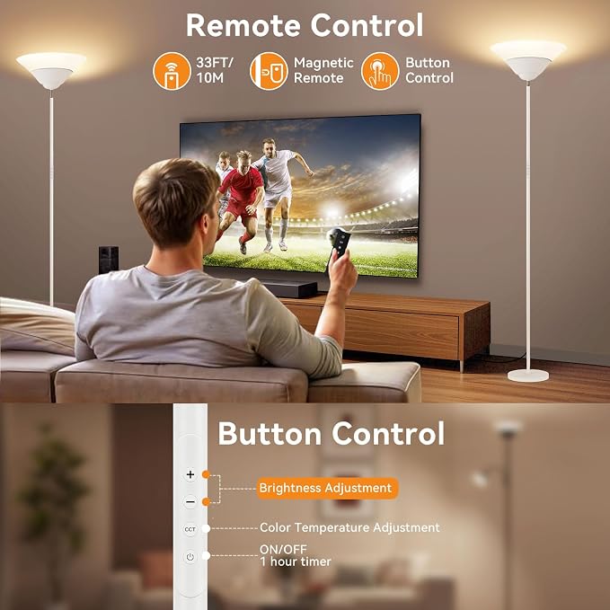 Torchiere Floor Lamp, 30W Dimmable LED Standing Lamp with Remote/Button Control, 1800Lm, 3000-6500K, 72in Bright Standing Pole Light for Living Room Bedroom Office Corner, White