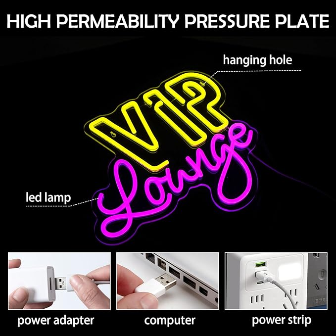 VIP Lounge Neon Signs for Wall Decor, VIP LED Neon Light Signs for Bar, Hotel, Cafe, VIP Room, Club, Business, Home Lounge Decoration, USB Powered