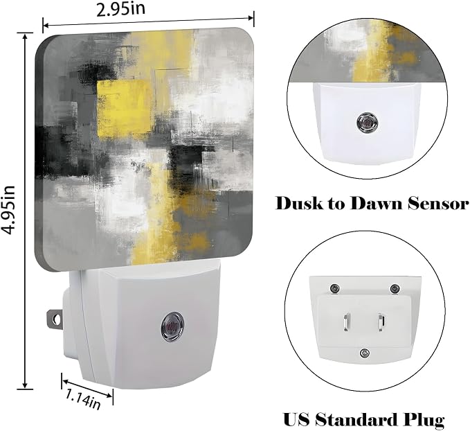 Abstract Oil Painting Night Light,Grey and Yellow Plug Into Wall with Dusk to Dawn Light Sensors, Warm Nightlights for Bedroom,Bathroom,Hallway,Kitchen,Gifts Ideal for Boys Girls Women Men