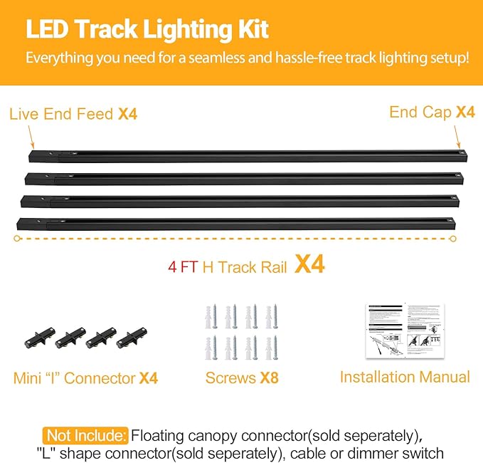 VANoopee 16FT H Track Lighting System - Black Rail Kit With End Caps & Live End Feed Connector - Compatible With Single Circuit 120V H Style Track Heads