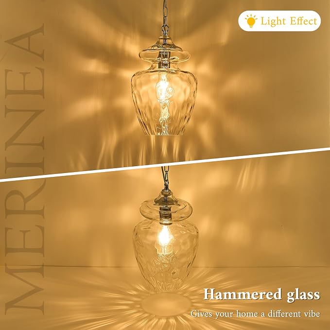 Chrome Hammered Glass Pendant Light for Kitchen Island, 9" Modern Hanging Lighting Fixture for Kitchen Sink Dining Room Entryway Hallway Bedroom, E26 Base