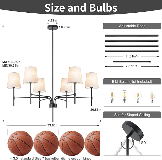 2026 New Black Chandeliers for Dining Room Light Fixture over Table, 34" 6-Light Transitional Modern Farmhouse Chandelier with White Fabric Shade, Pendant Lighting for Kitchen Island Living Room Foyer