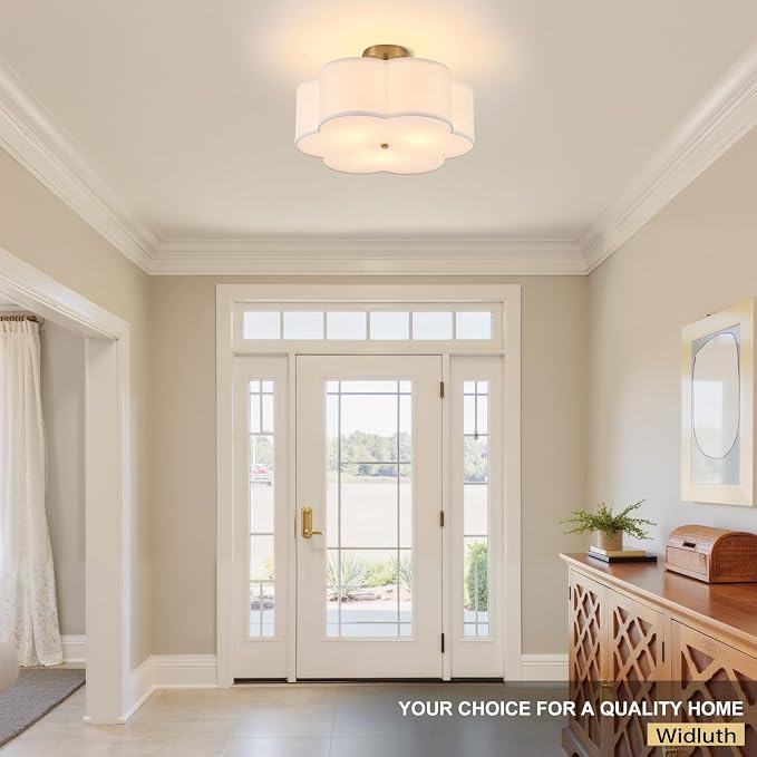 18" Modern Gold Drum Ceiling Light, 3-Light Semi-Flush Mount | Linen Drum Shade, Gold Metal Frame, Modern Style for Laundry Rooms, Kitchens, Basements, Dining Rooms, and Bedrooms, E26 Base
