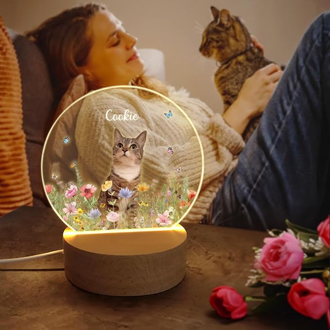 Personalized Dog Memorial LED Night Light with Wooden Base, Custom Photo and Name Pet Memorial Gift for Loss of Pet