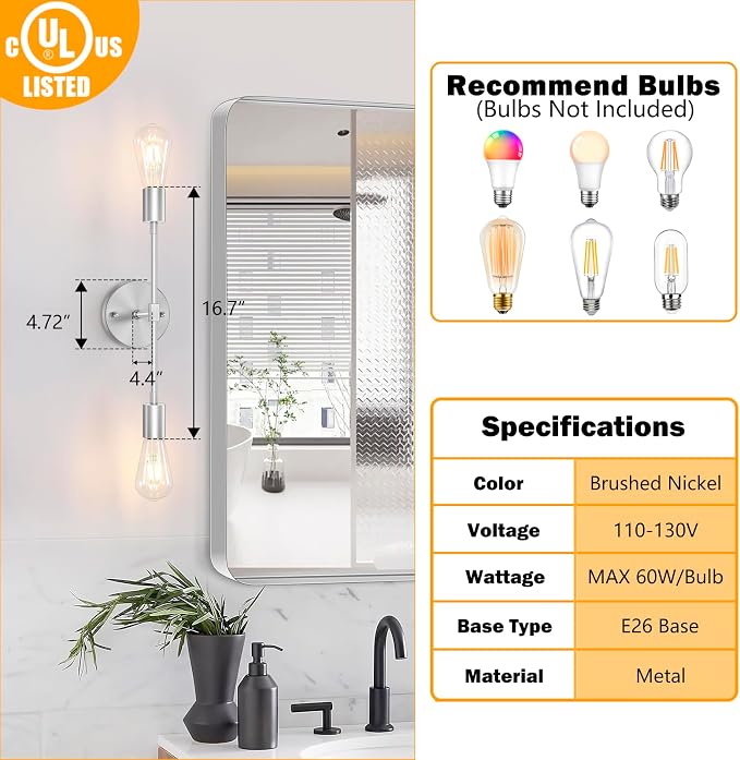 FadimiKoo 2-Light Brushed Nickel Bathroom Vanity Light, Silver Bathroom Wall Sconce Modern Wall Mounted Lamp Indoor Vintage Wall Sconces for Powder Room Hallway Cabinet (2 Pack)