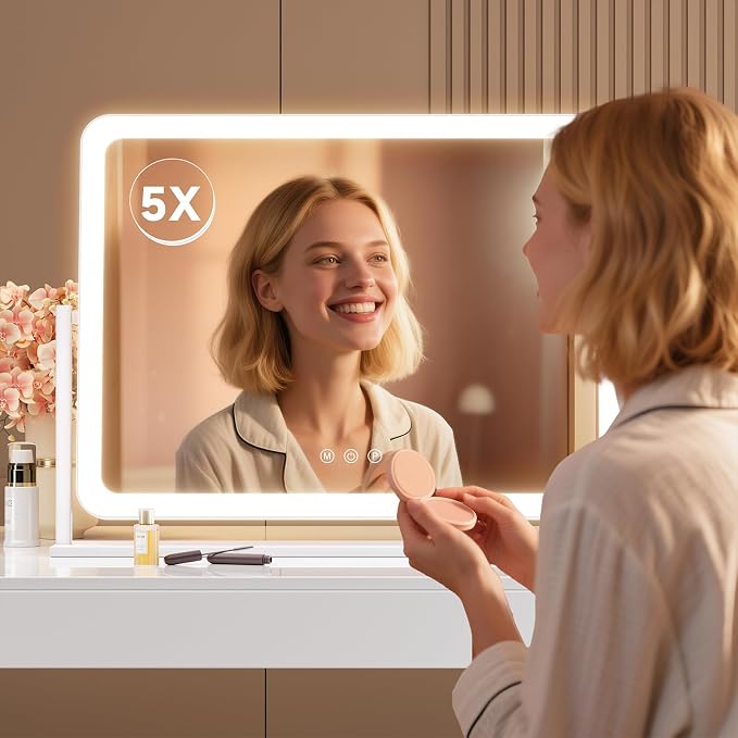 Gvnkvn Lighted Makeup Mirror, 17.3"x13" Hollywood Vanity Mirror with Led Lights, Three Color Lighting Modes, and 5X Magnification Mirror, Smart Touch Control, 360°Rotation(Round Corner)