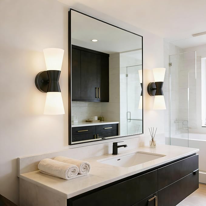 Wall Sconces Set of 2 for Bathroom, Modern Indoor Vanity Light Fixtures 13", Up Down Lighting, Wall Mount Lamp for Living Room Bedroom Hallway Stairway Fireplace Mirror E26 Base 2PC White&Black