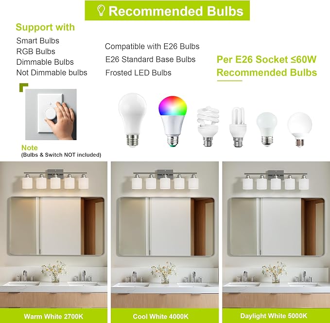 5-Light Bathroom Light Fixture, Brushed Nickel Vanity Lights Over Mirror, Anti-Rust, White Glass Shades, E26 Base, Bulb Not Included
