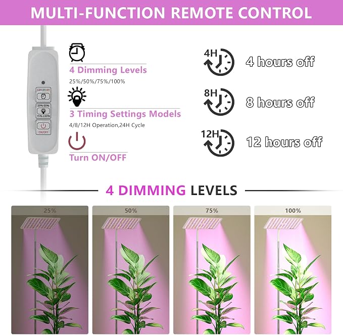 36W Grow Lights with Stand, Full Spectrum LED Plant Light, 12-59 Inch Height Adjustable Growing Lamp with Auto On/Off Timer 4H/8H/12H, 4 Dimmable Brightness | 252 LEDs Full Spectrum Plants Growing Light, 12-60" Height Adjustable Floor/Desk Lamp, 4 Dimm...