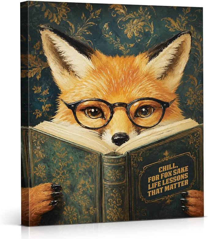 NSFBESSLIA Funny Reading Fox Painting, Whimsical Vintage Animal Decor, Chill For Fox Sake, Literary Cottagecore Wall Art for Living Room Bedroom Entryway, 8x10 Inch