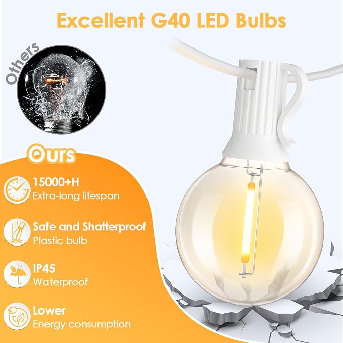 25FT G40 LED Outdoor String Lights with 10+1 Bulbs, Plug-in, White | Waterproof, Shatterproof, Dimmable, Connectable, Energy-saving, Patio Lights Porch Balcony Backyard Party Classroom Decor