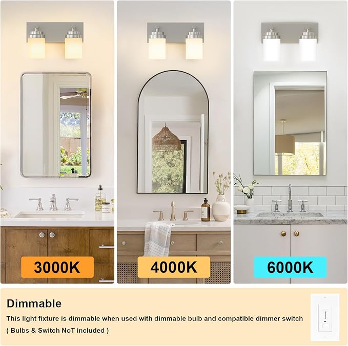 IZORRO Bathroom Vanity Light Fixture, 2-Light 15 Inch Brushed Nickel Bathroom Light Fixtures Over Mirror, with White Glass Shade, Modern Farmhouse Vanity Lights, Rustic Restroom Lighting Fixtures