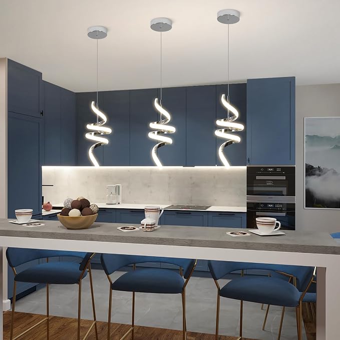 4000K Modern Pendant Light, 15IN Spiral LED Pendant Lights Adjustable Height Black Kitchen Island Fixtures Chandeliers for Dining Room Hanging Lights, 1 Pack (Chrome,4000K, Hardwired,2PACKS)